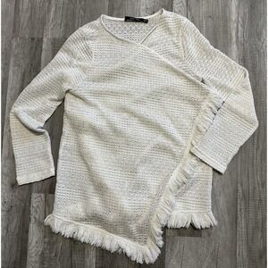 Doe & Rae White Open Front Sheer Lightweight Polyester Fringe  Cardigan Small